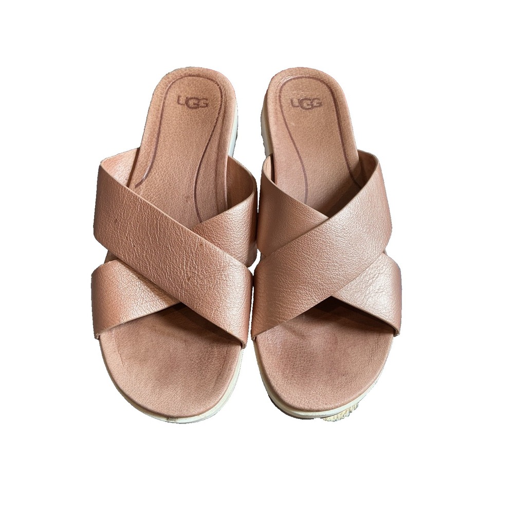 Ugg Sandal Slide Metallic Rose Gold Kari Cross Strap Flip Flop Leather Size 8.5